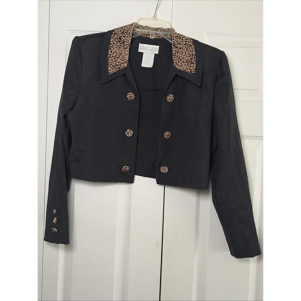 Leslie Lucks Vintage Cropped Blazer Womens 10 Black Leopard Print Cotton Y2K 90s